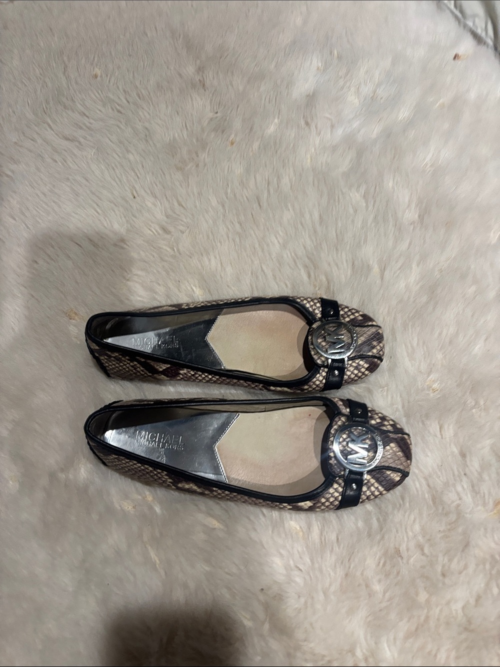 Michael Kors Brown Snake-Print Logo Ballet Flats
